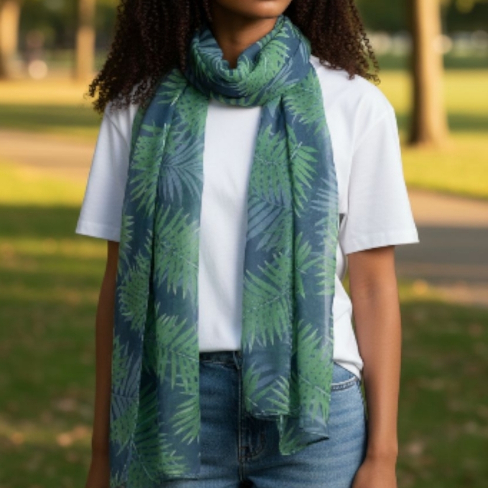 EUC Adorable Long Sheer Green & Blue Topical Fern Print Scarf!!